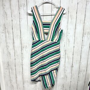 J.O.A. Dress Women Size Small Green/Ivory Striped Asymmetrical Mini Sleeveless